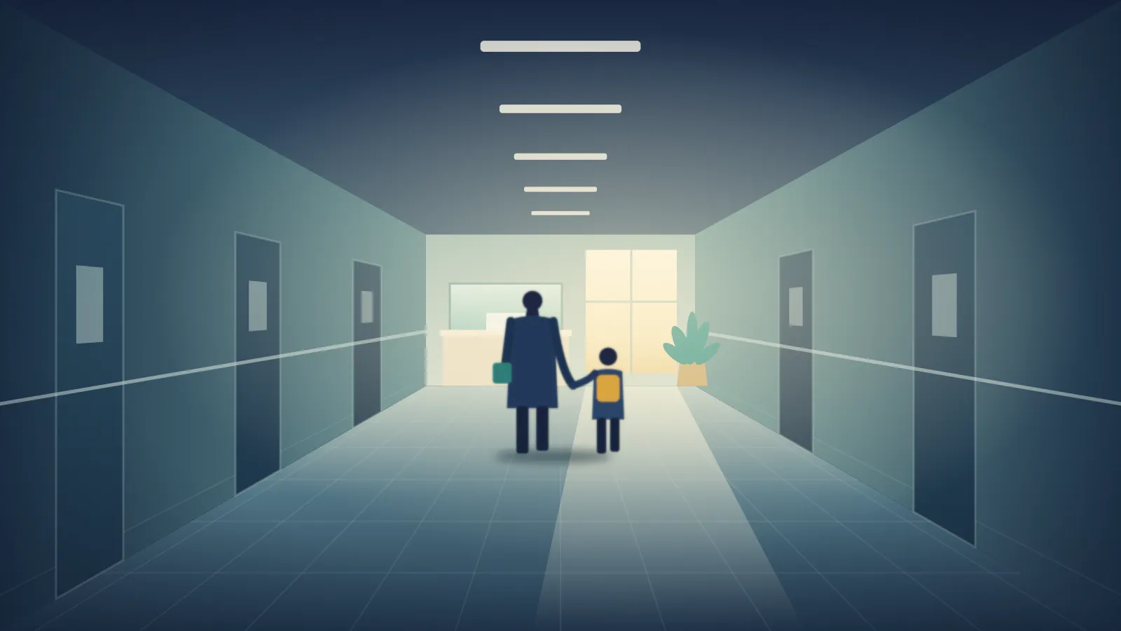 Ein Elternteil und ein Kind von hinten in einem ruhigen Klinikflur im sanften Morgenlicht